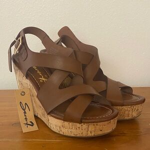 Seven7 Brown Leather Wedge Sandals